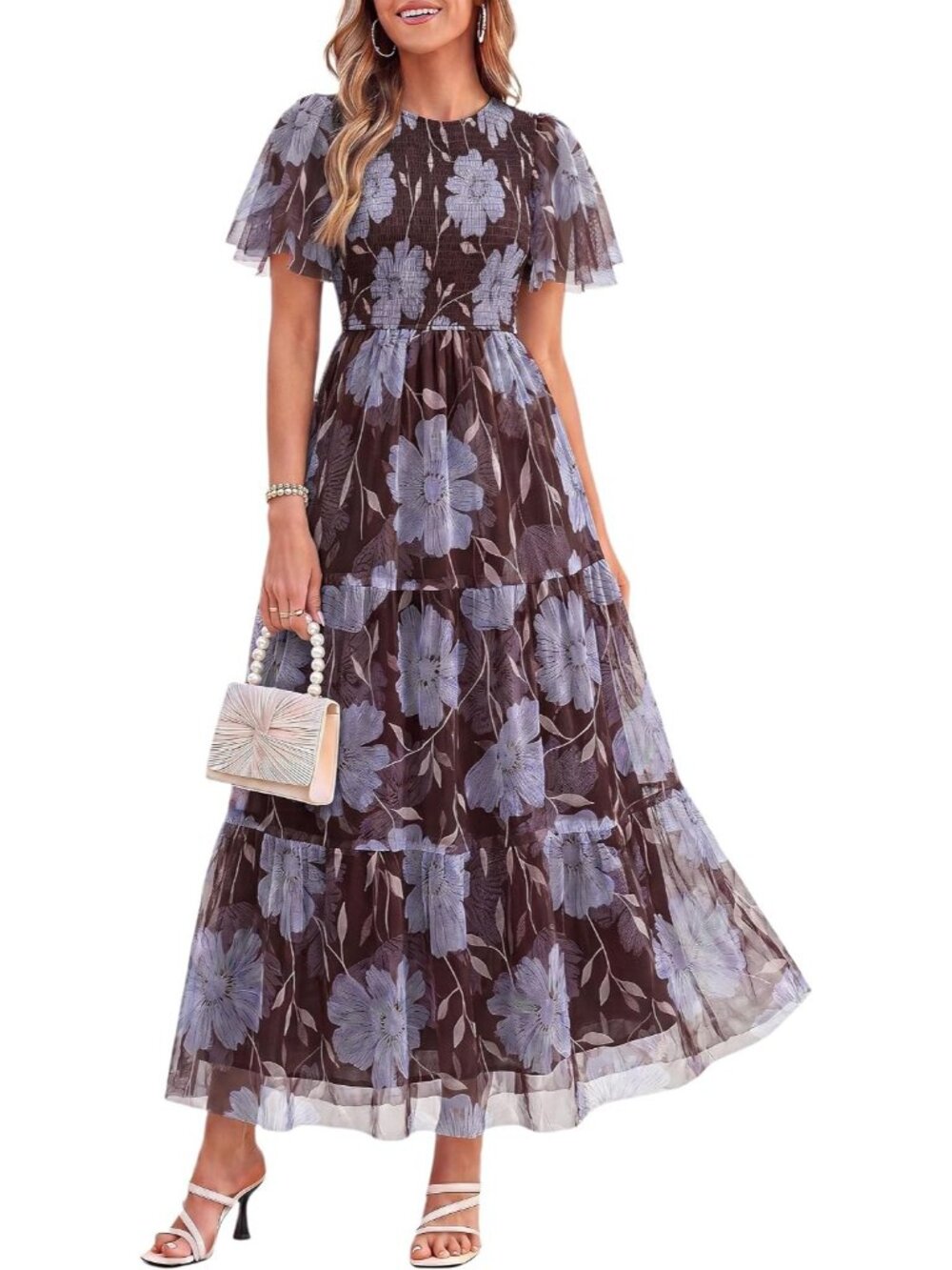 〽️Brown Blue Boho Floral Maxi Dress Women’s Flutter Sleeve Smocked Tiered